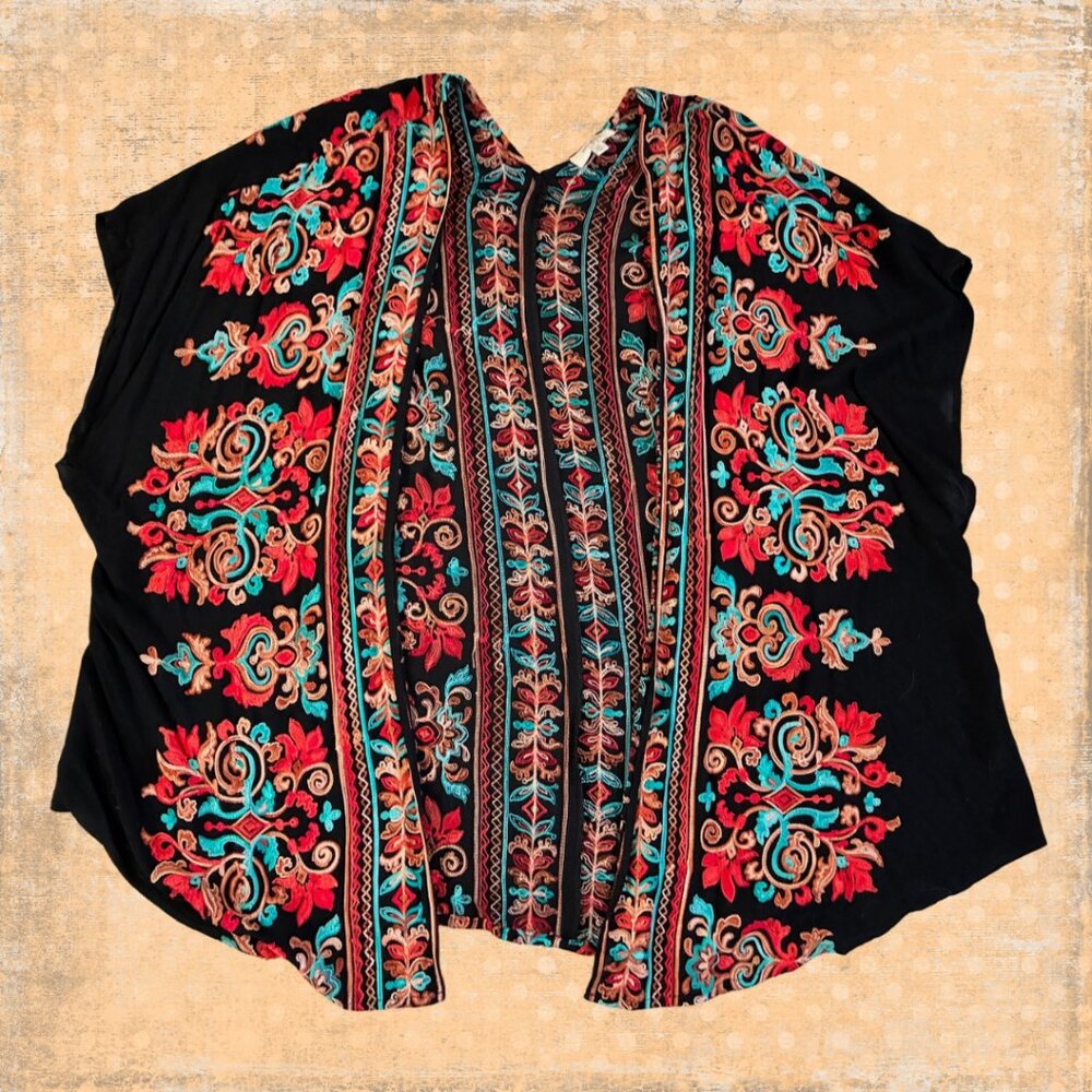 Boho vibes!!! Umgee Black Kimono with Red and Teal Embroidery - Picture 6 of 8